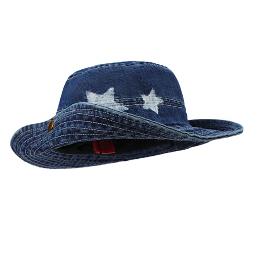 Western-Cowboyhut Damen Fischerhut mit Sternen-Muster, Vintage Jeans Faltbarer Sonnenhut Eimer Hut Bucket Hat Sommerhut Schlapphut Anglerhut, ideal für Camping Reisen Wandern von FakeFace