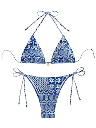 Falainetee Damen-Badeanzug mit hoher Taille, Blumenmuster, Triangel-Bikini-Set, 2-teilig, Blauer Boho., XS von Falainetee