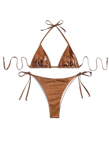 Falainetee Damen Metallic Glänzend Badeanzug Hohe Taille Triangel Krawatte Seite Badeanzug Bikini Set, Braun, S von Falainetee