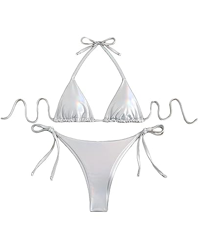 Falainetee Damen Metallic Glänzend Badeanzug Hohe Taille Triangel Krawatte Seite Badeanzug Bikini Set, Weiss/opulenter Garten, Large von Falainetee