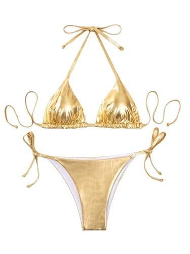 Falainetee Damen Metallic Glänzender Badeanzug Hohe Taille Triangle Tie Side Badeanzug Bikini Set, Gold, S von Falainetee