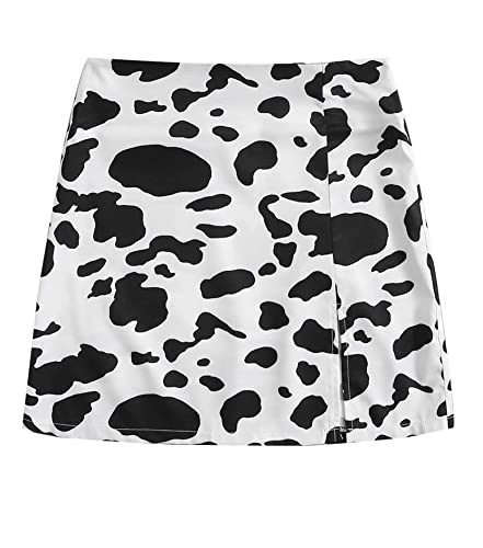 Falainetee Damen-Minirock mit hoher Taille, Reißverschluss, seitlicher Farbblock, Kuh-Druck, figurbetont, Weiß, Klein Falainetee Damen-Minirock mit hoher Taille, Reißverschluss, seitlicher Farbblock, Kuh-Druck, figurbetont, Weiß, Klein von Falainetee