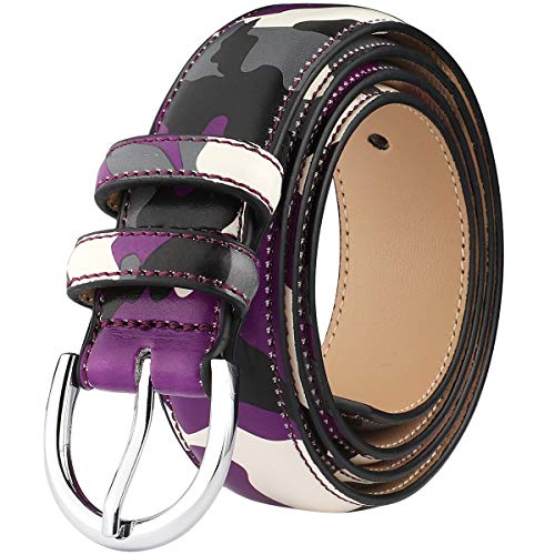 Falari Women Genuine Leather Belt Fashion Dress Belt With Single Prong Buckle 6028-24 Colors (Purple Camouflage, XL 42-44 (fit waist 40-42)) von Falari