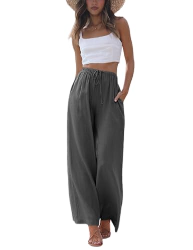 Faleave Damen Baumwolle Leinen Sommer Palazzo Pants Flowy Wide Leg Strandhose mit Taschen, Dunkelgrau, Klein von Faleave