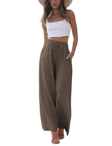 Faleave Damen Baumwolle Leinen Sommer Palazzo Pants Flowy Wide Leg Strandhose mit Taschen, Dunkles Kaffeebraun, Mittel von Faleave