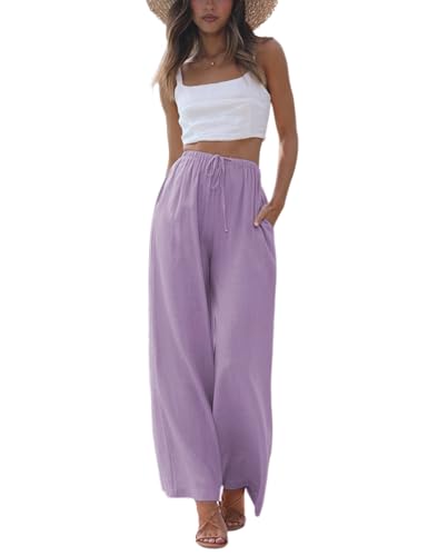 Faleave Damen Baumwolle Leinen Sommer Palazzo Pants Flowy Wide Leg Strandhose mit Taschen, Violett, Mittel von Faleave