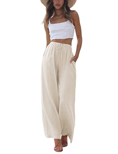 Faleave Damen Baumwolle Leinen Sommer Palazzo Schlaghose Stoffhose Flowy Wide Leg Strandhose mit Taschen, aprikose, S von Faleave