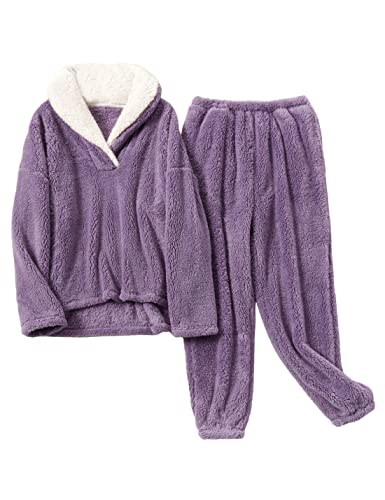 Faleave Damen Winter Flauschiges Pyjama-Set Warm Fleece Hose Pullover Plüsch Nachtwäsche, violett, S von Faleave