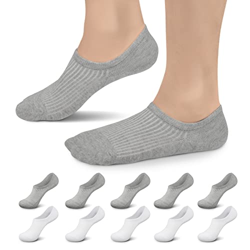 Falechay 10 Paar Sneaker Socken Herren Füßlinge Damen Footies Unsichtbare Silikonpad No Show Socken B-Weiß-Grau 43-46 von Falechay