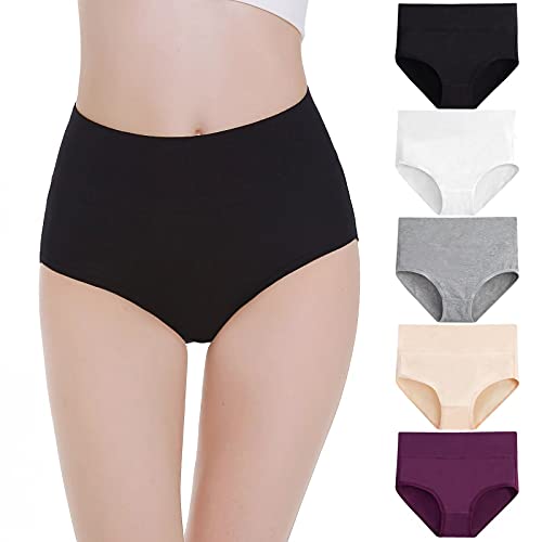 Falechay Damen Unterhosen Baumwolle Unterwäsche Hohe Taille Slips Hoher Taillenslip für Frauen 5er Pack,Mehrfarbig-1,L von Falechay