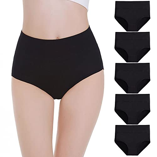 Falechay Damen Unterhosen Baumwolle Unterwäsche Hohe Taille Slips Hoher Taillenslip für Frauen 5er Pack,Schwarz02,2XL von Falechay