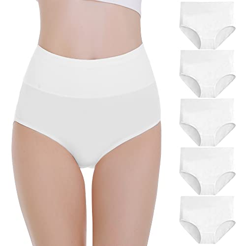 Falechay Damen Unterhosen Baumwolle Unterwäsche Hohe Taille Slips Hoher Taillenslip für Frauen 5er Pack,Weiß,2XL von Falechay