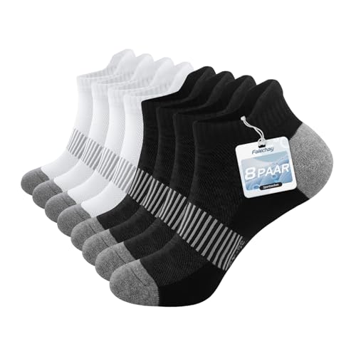 Falechay Sportsocken Damen 35-38 Sneaker Socken Herren Kurze Socken 8 Paar Baumwollesocken Atmungsaktive Laufsocken Unisex,Schwarz Weiß 35-38 von Falechay