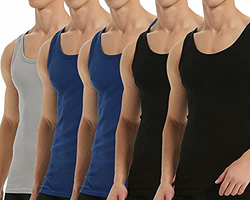 Falechay Tank Top Herren Unterhemd 5er Pack Baumwolle Feinripp ärmellos Muskelshirtst Männer Schwarz Blau Grau 3XL von Falechay