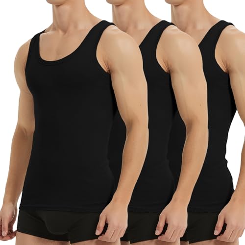 Falechay Unterhemd Herren Tank Top 3er Pack Baumwolle Feinripp ärmellos Muskelshirtst Männer Sportunterhemden Schwarz L von Falechay