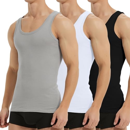 Falechay Unterhemd Herren Tank Top 3er Pack Baumwolle Feinripp ärmellos Muskelshirtst Männer Sportunterhemden Schwarz Weiß Grau L von Falechay