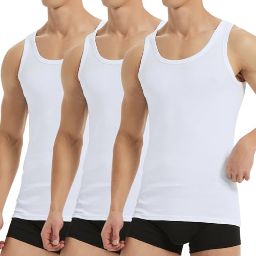 Falechay Unterhemd Herren Tank Top 3er Pack Baumwolle Feinripp ärmellos Muskelshirtst Männer Sportunterhemden Weiß 3XL von Falechay