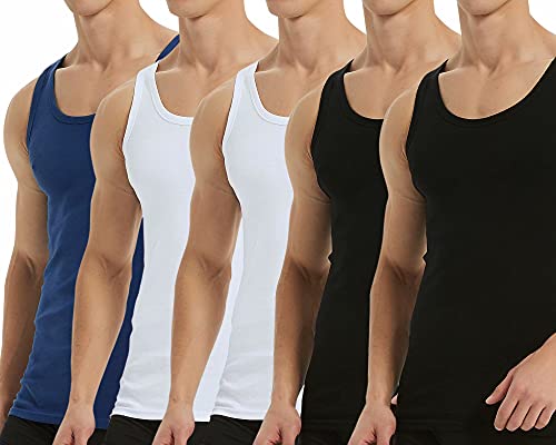 Falechay Unterhemd Herren Tank Top 5er Pack Baumwolle Feinripp ärmellos Muskelshirtst Männer Schwarz Weiß Blau XXL von Falechay