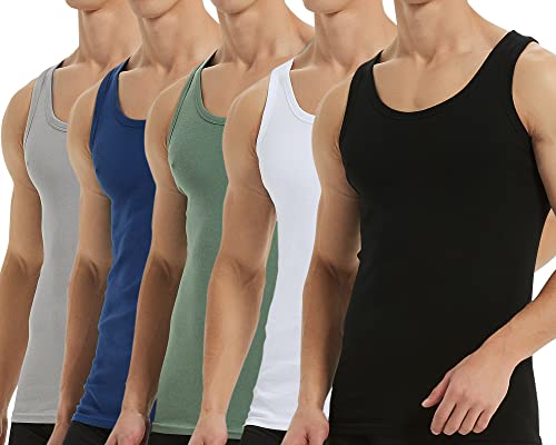 Falechay Unterhemd Herren Tank Top 5er Pack Baumwolle Feinripp ärmellos Muskelshirtst Männer Schwarz Weiß Grau Blau Olive L von Falechay