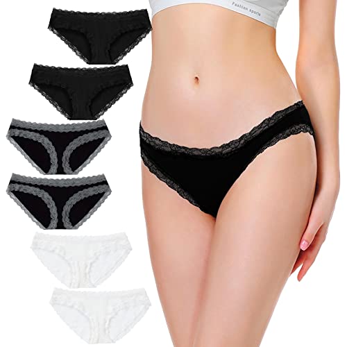 Falechay Unterhosen Damen 6er Pack Spitze Slip Baumwolle Unterwäsche Sexy Hipster Panties,Schwarz1/Weiß/Schwarz2,2XL von Falechay