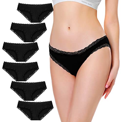 Falechay Unterhosen Damen 6er Pack Spitze Slip Baumwolle Unterwäsche Sexy Hipster Panties Sportunterhosen,Schwarz1,M von Falechay