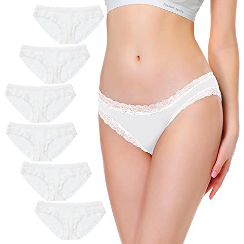 Falechay Unterhosen Damen 6er Pack Spitze Slip Baumwolle Unterwäsche Sexy Hipster Panties Sportunterhosen,Weiß,XL von Falechay