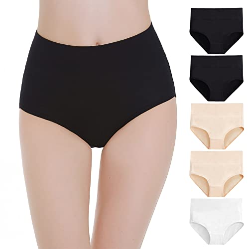 Falechay Unterhosen Damen Bauch Weg Unterwäsche Frauen Baumwolle Pantys 5er Pack,Schwarz-Hautfarbe-Weiß,2XL von Falechay