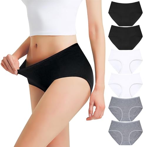 Falechay Unterhosen Damen Streth Unterwäsche Slips Baumwolle Pantys Hipster Mittel Taille Höschen Frauen 6er Pack Schwarz Weiß Grau S von Falechay
