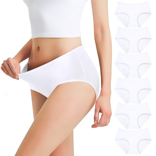 Falechay Unterhosen Damen Streth Unterwäsche Slips Baumwolle Pantys Hipster Mittel Taille Höschen Frauen 6er Pack Weiß XXL von Falechay