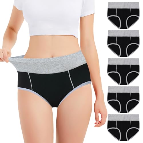 Falechay Unterhosen Damen Unterwäsche Bauchweg Baumwolle Slips Damen Pantys High Waist Taillenslip Mehrpack 5er Pack Schwarz L von Falechay