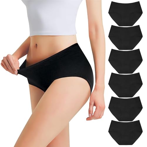 Falechay Unterwäsche Damen Unterhosen Slips Baumwolle Atmungsaktiv Panties Hipster Mittel Taille Höschen Frauen 6er Pack Schwarz XL von Falechay