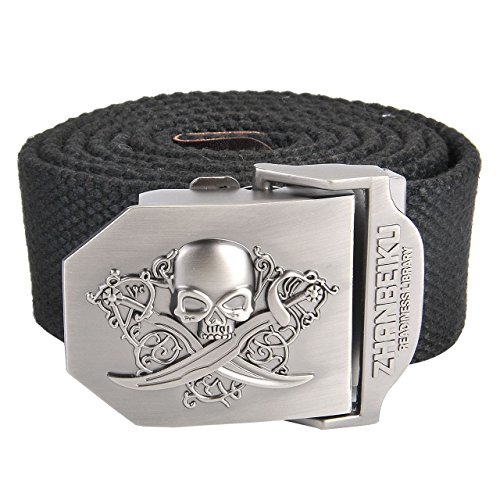 Faleto Herren Militär Gürtel Stoffgürtel mit Schädel Totenkopf Schnalle Leinwand Canvas Jeansgürtel Belts 140cm + Original Geschenkbox, Schwarz, 140cm Fit Taillen 115-122cm von FALETO