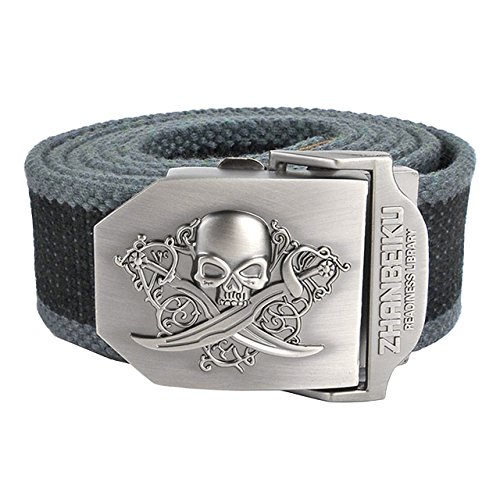 FALETO Herren Militär Gürtel Stoffgürtel mit Schädel Totenkopf Schnalle Leinwand Canvas Jeansgürtel Belts 140cm + Original Geschenkbox (Schwarz-Grau) von FALETO