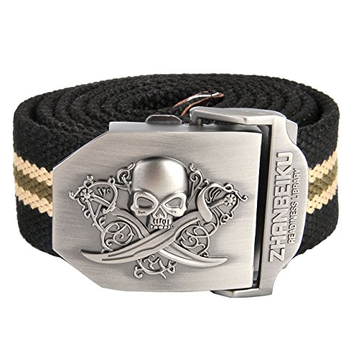 FALETO Herren Militär Gürtel Stoffgürtel mit Schädel Totenkopf Schnalle Leinwand Canvas Jeansgürtel Belts 140cm + Original Geschenkbox (Schwarz Streifen) von FALETO