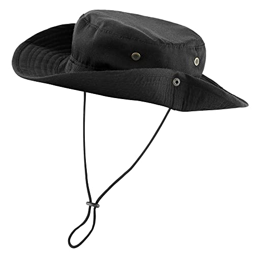 Faleto Outdoor Hut Buschhut Boonie Hat mit Kinnband Fischermütze Sonnenhut Sommerhut für Herren Damen, Schwarz, passt für Kopfumfang 60cm von Faletony