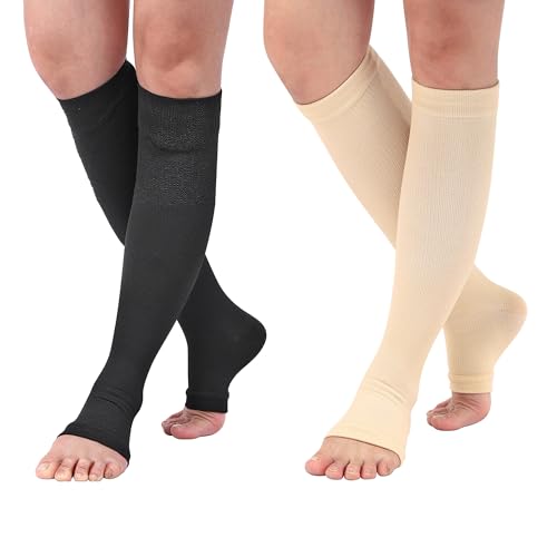 Faletony 2 Paar Kompressionsstrümpfe Damen & Herren 20-30 mmHg medizinische Kniestrümpfe Compression Socks Lange Kompressionssocken Reisestrümpfe Stützstrümpfe für Krampfadern Ödeme Flug Sport Reisen von Faletony