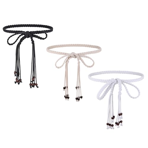 Faletony 3 Stück Damen Taillengürtel Geflochtener Gürtel Dünner Fransengürtel Flechtgürtel dünne gewebte Gürtel Dekorativer Kleidgürtel für Rock Kleid von Faletony