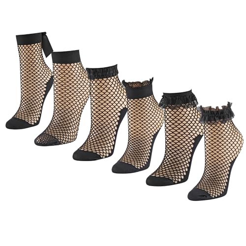 Faletony 6 Paar Fischnetz Fußkettchen Socken - Reizvolle Schwarze Netzstrümpfe, Kurze Knöchel Spitzen Socken für Frauen Mädchen Kleid von Faletony