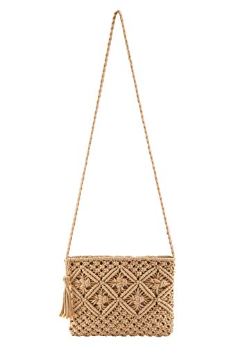 Faletony Damen Clutch Stroh Umhängetasche Sommer Strandtasche Abendtasche Crossbody Tasche Handgewebte Basttasche Korbtasche Boho-Stil für Arbeit Reise Party Hochzeit Outdoor (Quastenart, Braun) von Faletony