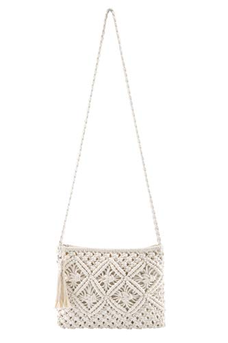 Faletony Damen Clutch Stroh Umhängetasche Sommer Strandtasche Abendtasche Crossbody Tasche Handgewebte Basttasche Korbtasche Boho-Stil für Arbeit Reise Party Hochzeit Outdoor (Quastenart, weiß) von Faletony