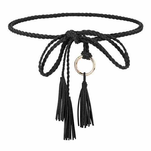 Faletony Damen Geflochtener Gürtel Taillengürtel Dünner Fransengürtel Flechtgürtel dünne gewebte Gürtel Geflochtener Fransenkettengürtel für Rock Kleid (Schwarz) von Faletony