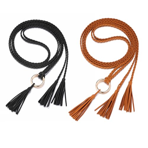 Faletony Damen Geflochtener Gürtel Taillengürtel Dünner Fransengürtel Flechtgürtel dünne gewebte Gürtel Geflochtener Fransenkettengürtel für Rock Kleid (Schwarz+Braun) von Faletony