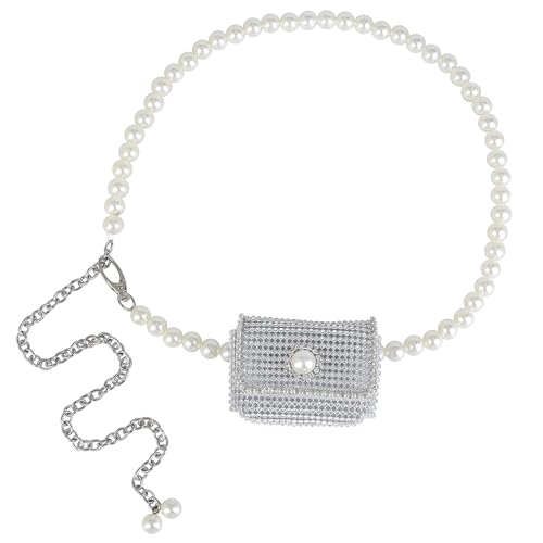 Faletony Damen Kleine Strass Taillenbeutel mit Perlen Kette Mini Hüfttasche Glitzer Bauchtasche Tasche Stylisch Hüfttasche Gürteltasche Gürtel für Hochzeit Abendparty Tanzparty Geburtstag von Faletony