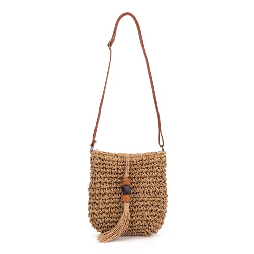 Faletony Damen Kleine Strohtasche Stroh Crossbody Tasche mit Quaste Anhänger Sommer Strandtasche Handarbeit Stroh Umhängetasche Böhmische Schultertaschen für Frauen Reisen Urlaub Freizeit von Faletony