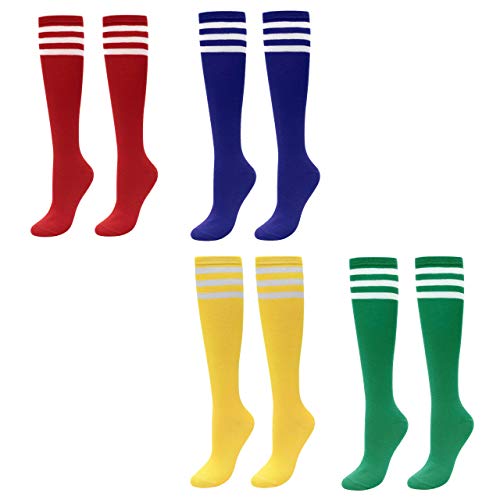 Faletony Damen Mädchen 2-8 Paar Kniestrümpfe, Overknee Stiefel Strümpfe Lange Socken mit Streifen für Cheerleader Cosplay, Schwarz/Weiß/Rot/Blau/Grün/Gelb (Rot+Blau+Gelb+Grün, 4 Paar) von Faletony