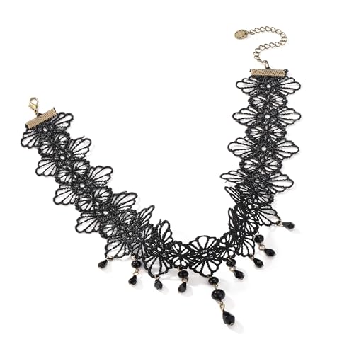 Faletony Gothic Spitzen Choker Halskette Damen Spitze Halskette Schwarz Perlen Quasten Halsketten Kristall Anhänger Halskette mit hohler Blume Schmuck für Damen und Mädchen von Faletony