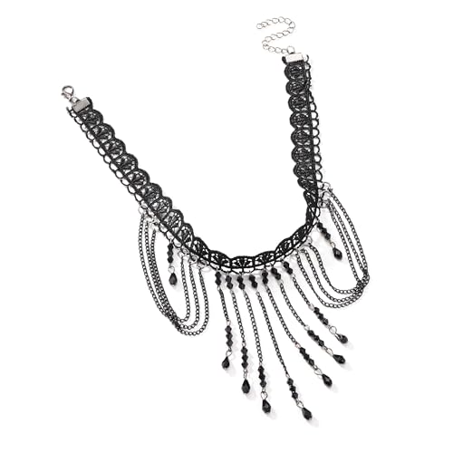 Faletony Gothic Spitzen Choker Halskette Damen Spitze Halskette Schwarz Perlen Quasten Halsketten Kristall Anhänger Halskette mit hohler Blume Schmuck für Damen und Mädchen von Faletony