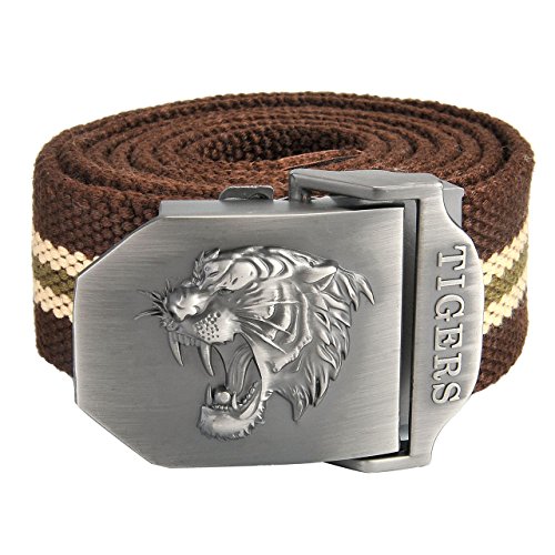 Faletony Herren Militär Gürtel Stoffgürtel mit Tiger kopf Schnalle Leinwand Canvas Jeansgürtel Belts 140cm + Original Geschenkbox von Faletony