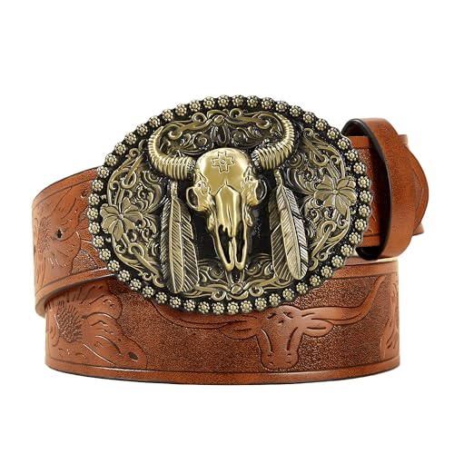 Faletony Herren Western-Cowboy-Gürtel Western-Lederschnallengürtel mit-Longhorn-Bull-Floral-Graved-Gürtelschnalle Gürtel Männer Bull Buckle Belt Herren Damen für Jeans, Hosen, Kleider von Faletony