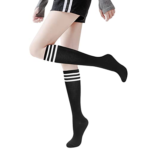 Faletony Kniestrümpfe Damen Lange Strümpfe Gestreifte Sportsocken College Cheerleader Kostüm Baumwollstrümpfe für Damen Mädchen Kinder (Schwarz) von Faletony